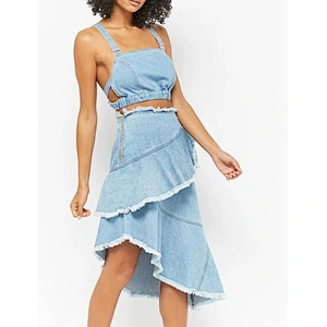 wholesale women fashion frayed ruffled flared skirt jeans