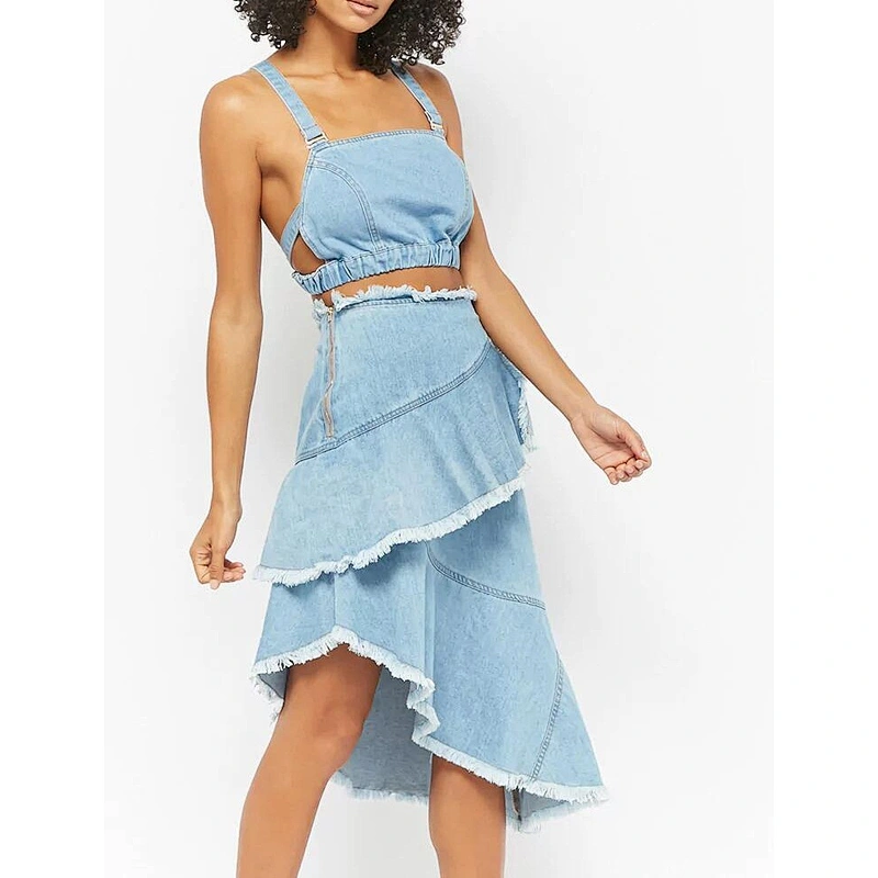 wholesale women fashion frayed ruffled flared skirt jeans