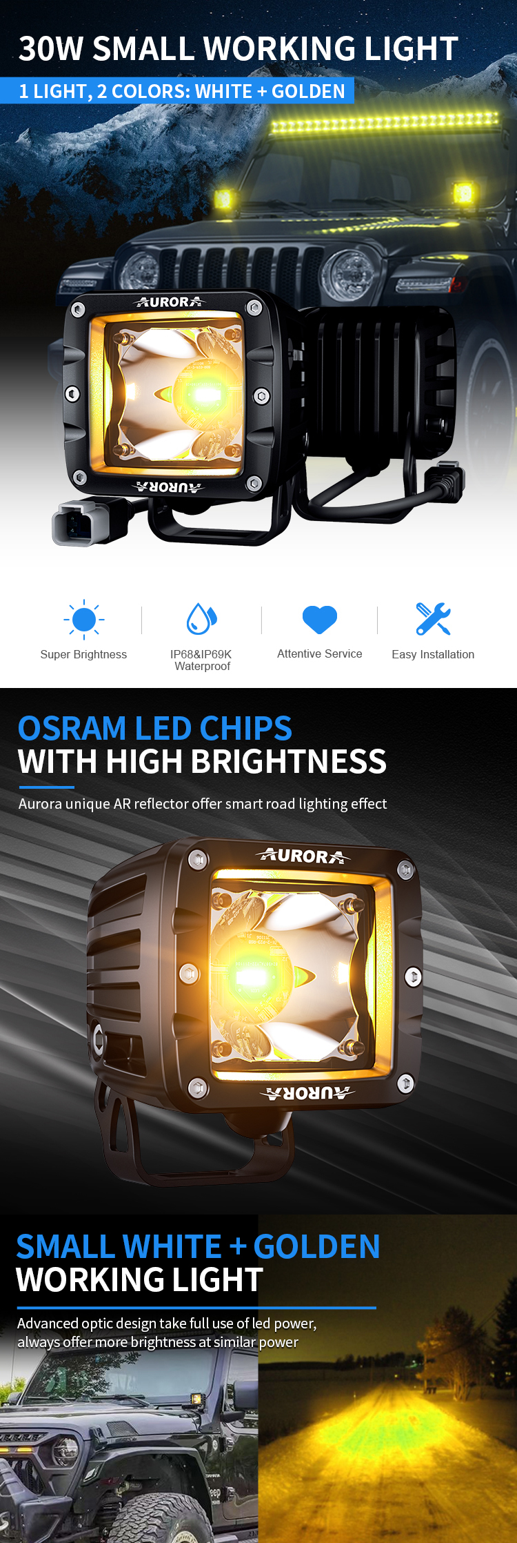 AURORA 4 inch car Led Working light Offroad Spot Flood Truck Round LED Driving L