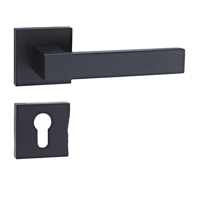 Zinc alloy door handle lever on square rosette with cylinder hole escutcheon