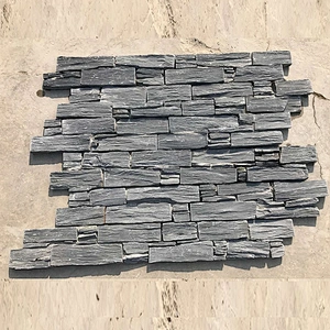 Classic Style Accent Fireplace Walls Black Slate Flat Stacked Stones