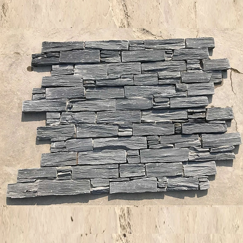Classic Style Accent Fireplace Walls Black Slate Flat Stacked Stones