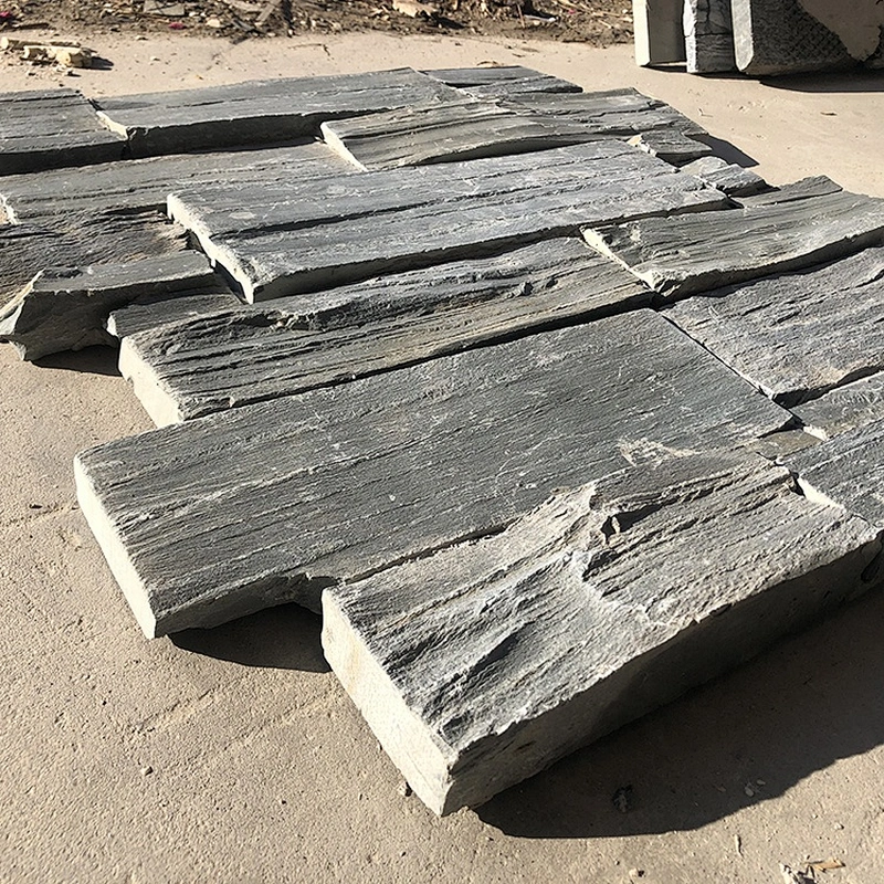 Classic Style Accent Fireplace Walls Black Slate Flat Stacked Stones