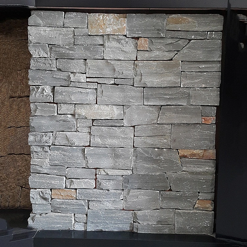 Classic Style Accent Fireplace Walls Black Slate Flat Stacked Stones