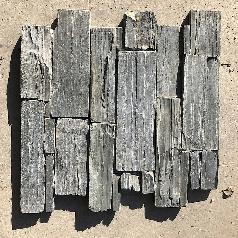 Classic Style Accent Fireplace Walls Black Slate Flat Stacked Stones