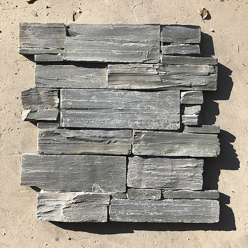 Classic Style Accent Fireplace Walls Black Slate Flat Stacked Stones