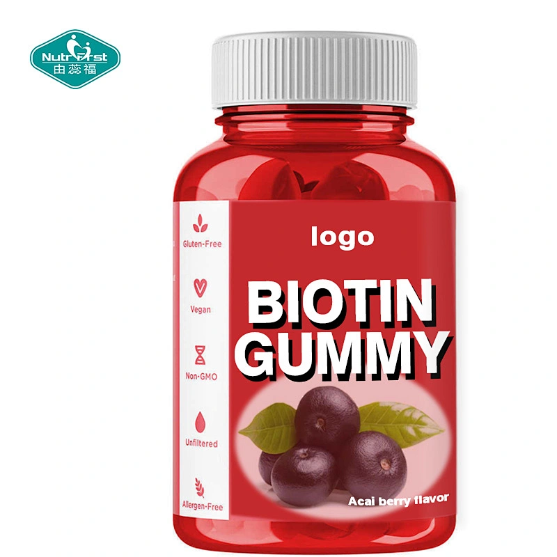 Nutrifirst etiqueta privada de alta calidad con sabor a baya de Acai, gomitas masticables con biotina en forma de corazón para la salud de las uñas, el cabello y la piel