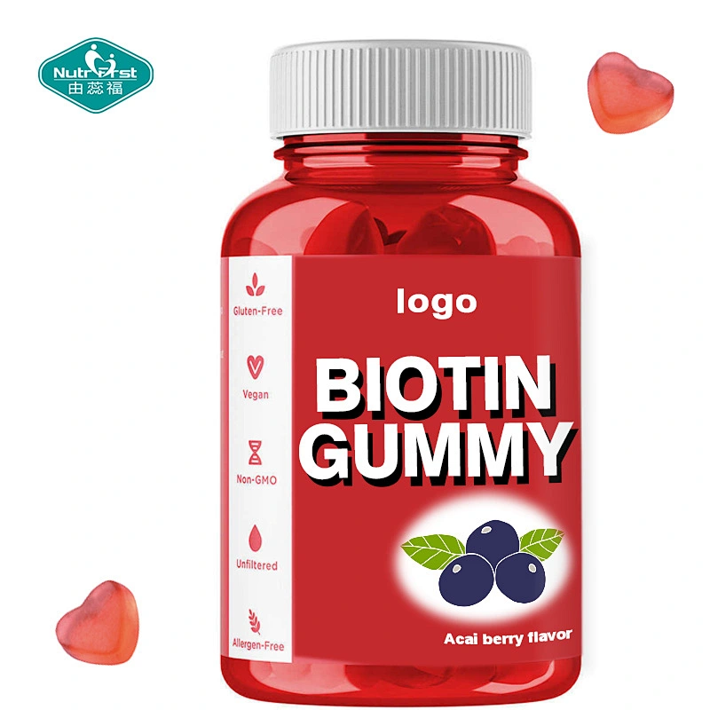 Nutrifirst etiqueta privada de alta calidad con sabor a baya de Acai, gomitas masticables con biotina en forma de corazón para la salud de las uñas, el cabello y la piel