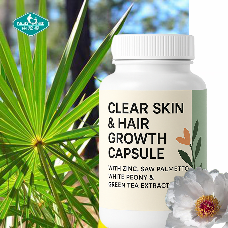 Cápsula de suplemento para el crecimiento del cabello y la piel transparente OEM con zinc, palma enana americana, peonía blanca y extracto de té verde