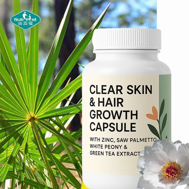 Cápsula de suplemento para el crecimiento del cabello y la piel transparente OEM con zinc, palma enana americana, peonía blanca y extracto de té verde