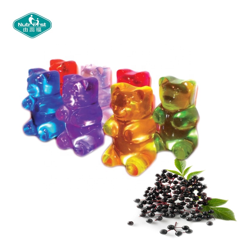 Gomitas de bayas de saúco negras orgánicas de Sambucus con soporte para el sistema inmunitario de etiquetas personalizadas con vitamina C y zinc