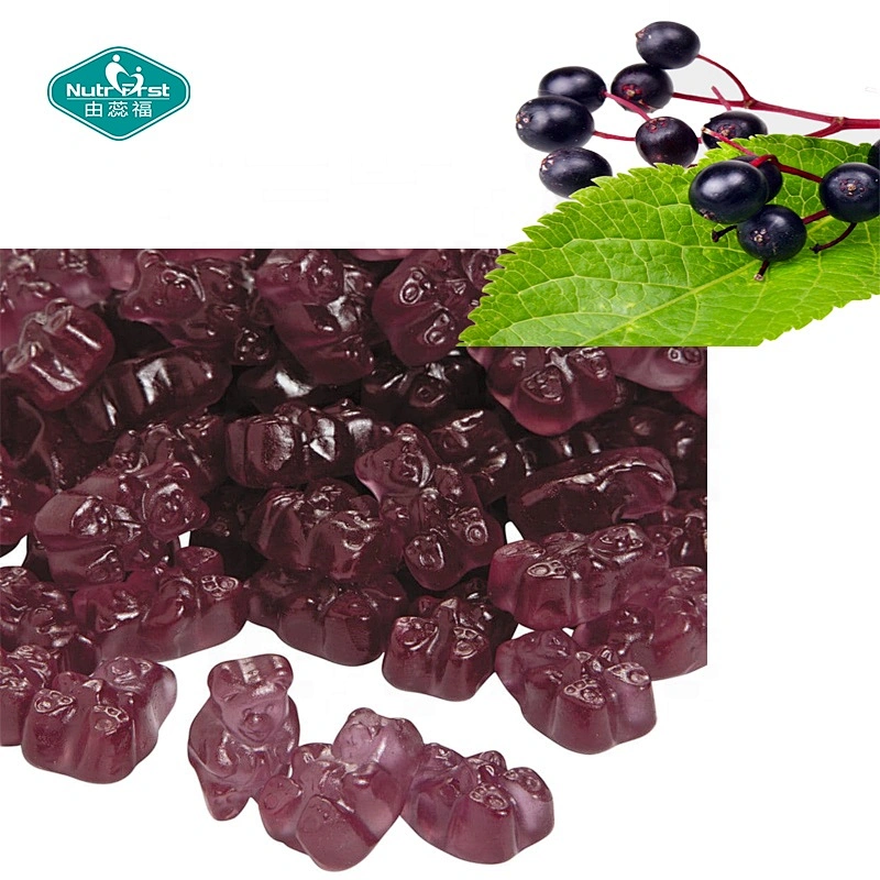 Gomitas de bayas de saúco negras orgánicas de Sambucus con soporte para el sistema inmunitario de etiquetas personalizadas con vitamina C y zinc