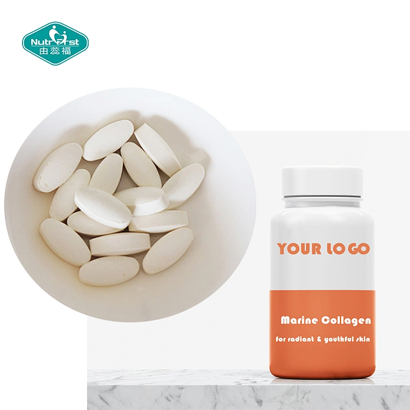 Nutrifirst etiqueta personalizada suplemento de belleza tableta para el cuidado de la piel proteína de colágeno de pescado hidrata la píldora de ácido hialurónico