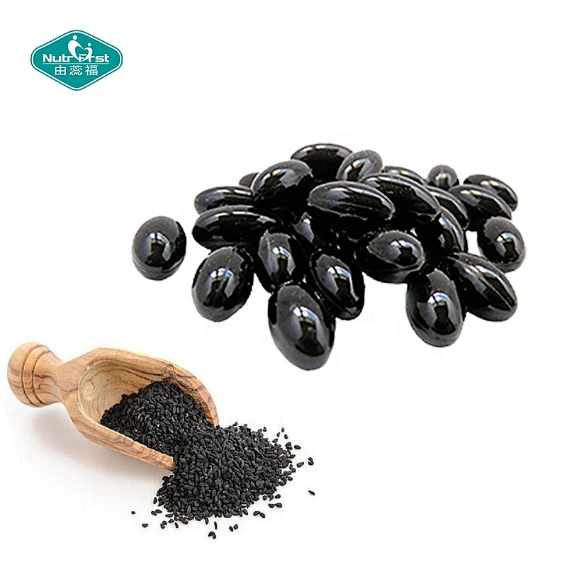 Etiqueta personalizada Fuente prensada en frío Nigella Sativa Softgel Cápsulas de aceite de semilla negra para el crecimiento del cabello Salud de la piel