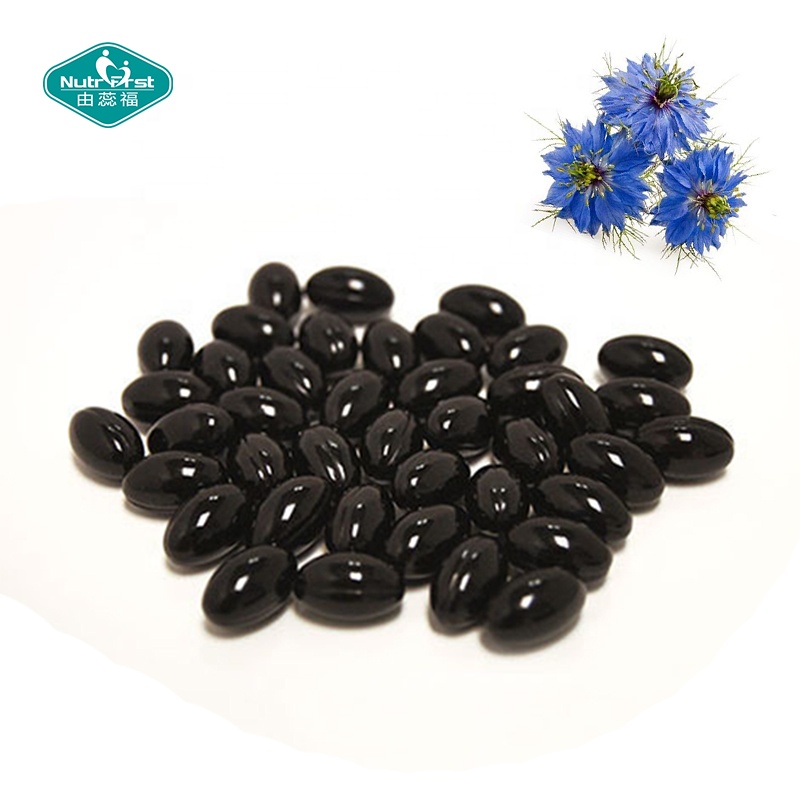 Etiqueta personalizada Fuente prensada en frío Nigella Sativa Softgel Cápsulas de aceite de semilla negra para el crecimiento del cabello Salud de la piel
