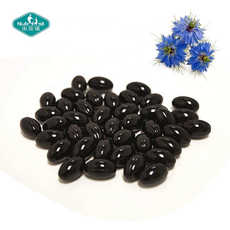 Etiqueta personalizada Fuente prensada en frío Nigella Sativa Softgel Cápsulas de aceite de semilla negra para el crecimiento del cabello Salud de la piel