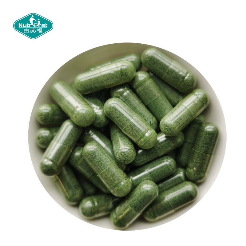 Clorofila orgánica a medida Proteína vegana Píldora de superalimento verde Cápsulas de polvo de espirulina Alga Chlorella a granel