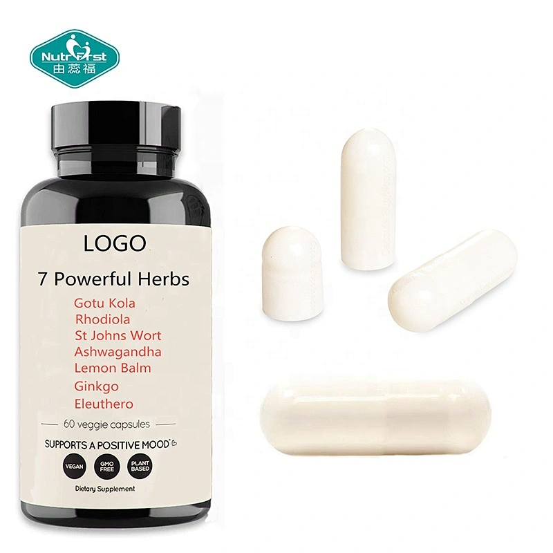 Suplemento para aliviar la ansiedad, 7 hierbas potentes, cápsulas de extracto de hoja de bálsamo de limón de Gotu Kola, con raíz de Rhodiola Eleuthero