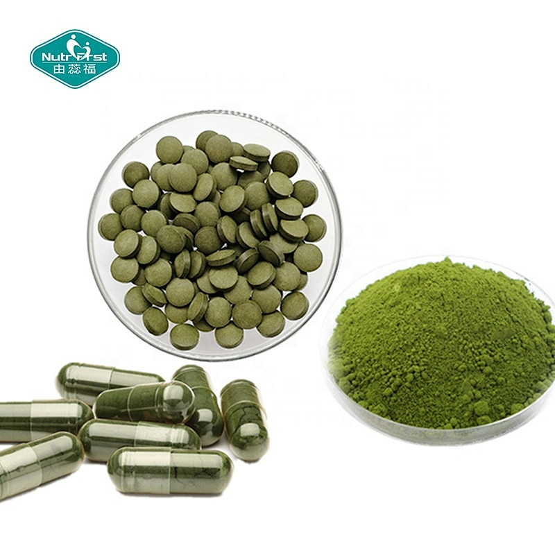 Clorofila orgánica a medida Proteína vegana Píldora de superalimento verde Cápsulas de polvo de espirulina Alga Chlorella a granel