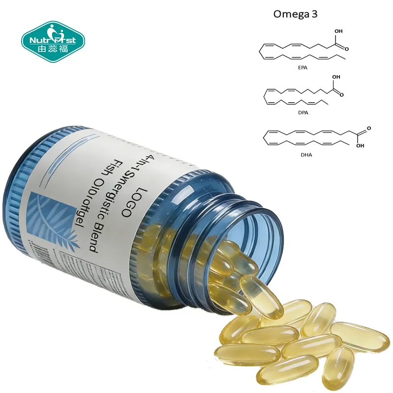 Cápsulas blandas de aceite de pescado con mezcla sinérgica 4 en 1 personalizadas de Nutrifirst con omega-3, luteína, zeaxantina y vitamina E para la salud de los ojos y el cerebro