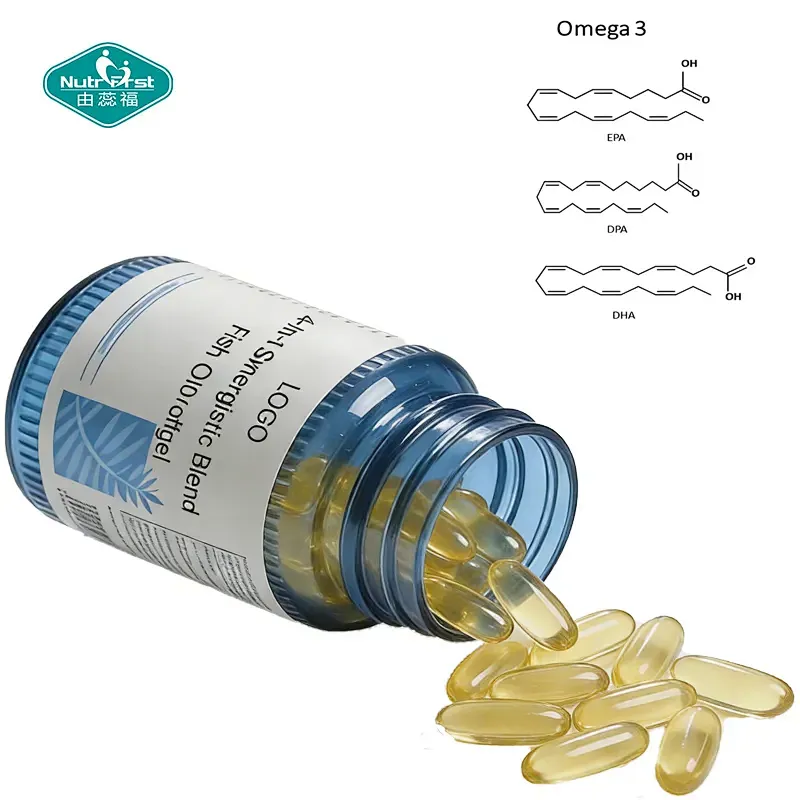 Cápsulas blandas de aceite de pescado con mezcla sinérgica 4 en 1 personalizadas de Nutrifirst con omega-3, luteína, zeaxantina y vitamina E para la salud de los ojos y el cerebro