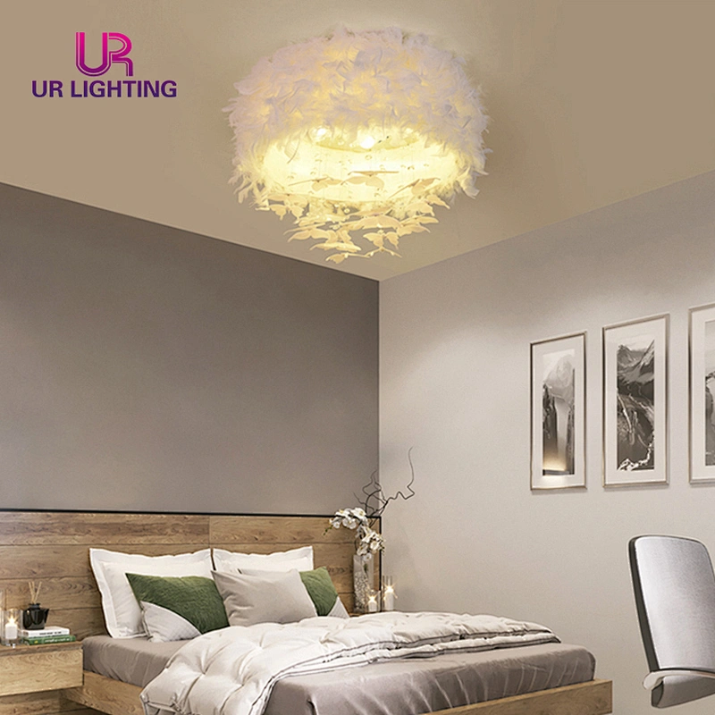 Fashion decorative white Goose feather girls bedroom dreamlike led ceiling light