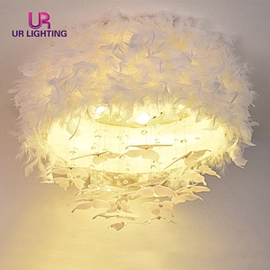 Fashion decorative white Goose feather girls bedroom dreamlike led ceiling light