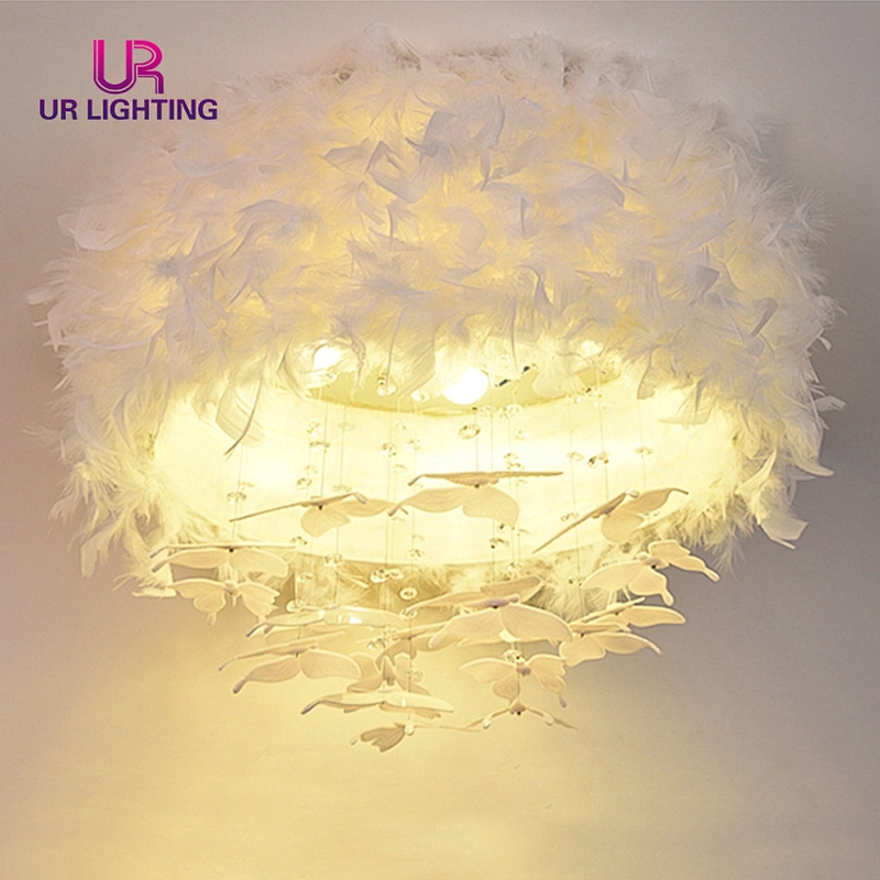 Fashion decorative white Goose feather girls bedroom dreamlike led ceiling light