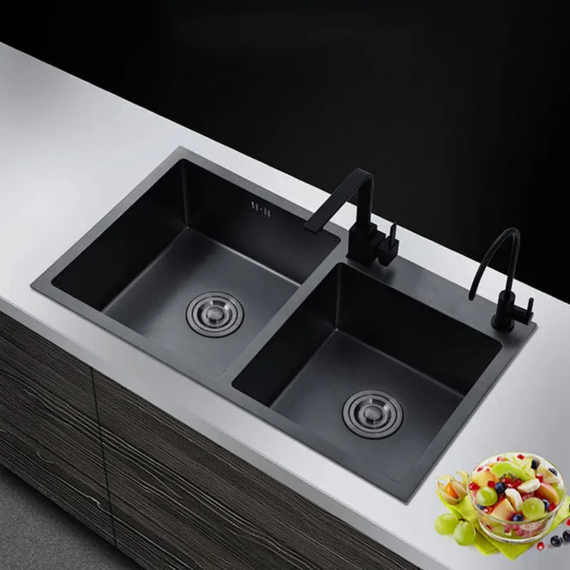 New Double Bowl Kitchen Sink Nanometer Antibacterial Black 304/201Stainless Steel Nano Technology Black Double Sink