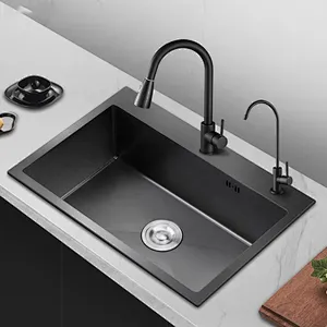 Top Dounted Double Sink Nano Black Finish Stainless Steel Handmade Kitchen Basin Sink