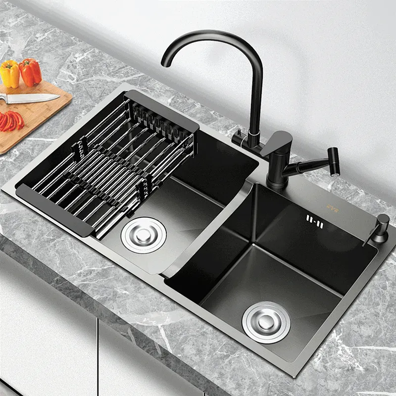 Black NANO undermount double bowl stainless steel handmade kitchen sink