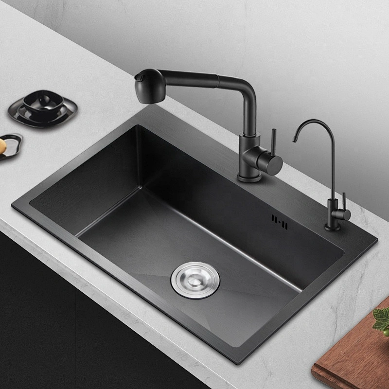 Top Dounted Double Sink Nano Black Finish Stainless Steel Handmade Kitchen Basin Sink