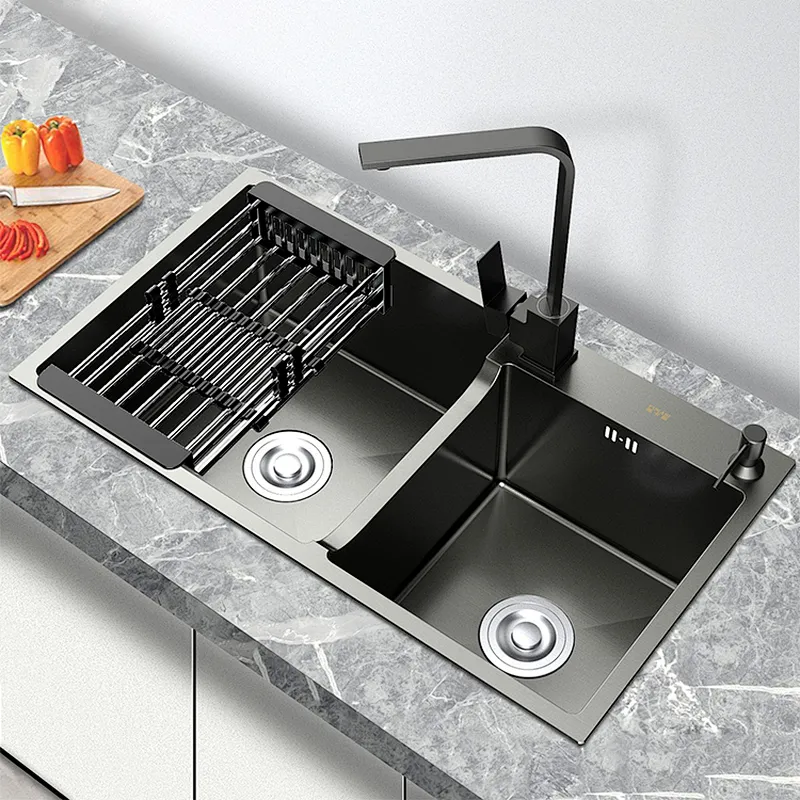 Black NANO undermount double bowl stainless steel handmade kitchen sink