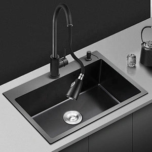 Top Dounted Double Sink Nano Black Finish Stainless Steel Handmade Kitchen Basin Sink