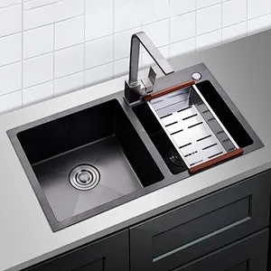 New Double Bowl Kitchen Sink Nanometer Antibacterial Black 304/201Stainless Steel Nano Technology Black Double Sink