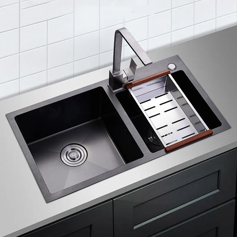 New Double Bowl Kitchen Sink Nanometer Antibacterial Black 304/201Stainless Steel Nano Technology Black Double Sink
