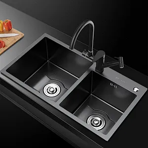 Handmade Double Bowl Stainless Steel Black Kitchen Sink Nano Sink