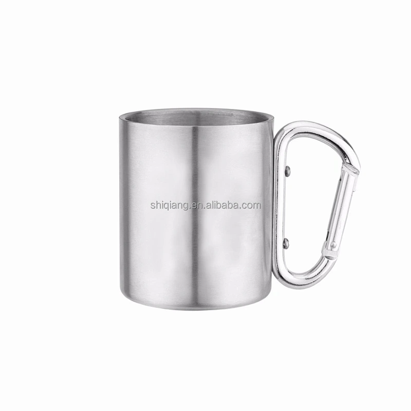 8oz double wall high grade stainless steel tea cups with shining surface and carabiner handle