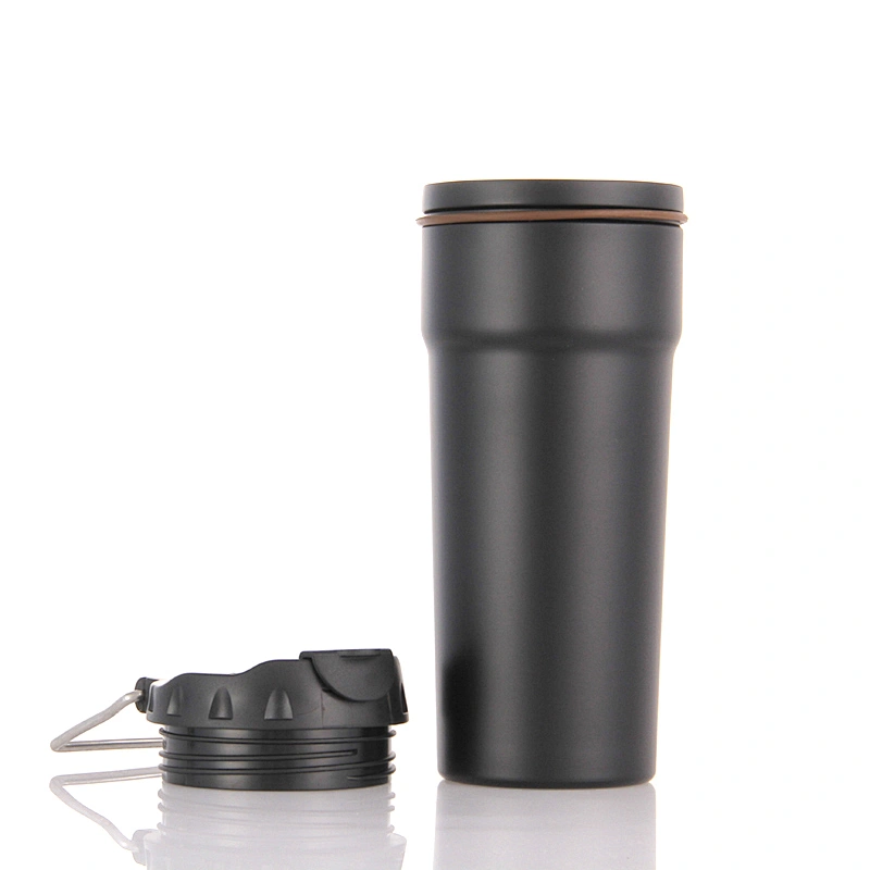 Double wall stainless steel vacuum insulated travel thermo mug, lid with s/s handle