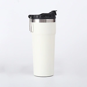 Double wall stainless steel vacuum insulated travel thermo mug, lid with s/s handle