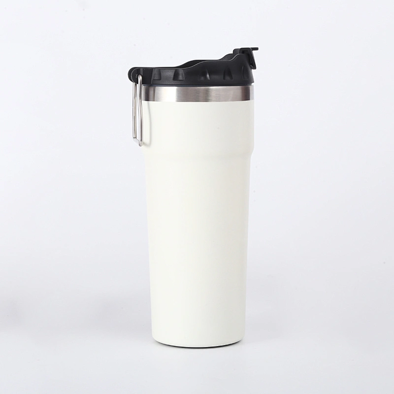 Double wall stainless steel vacuum insulated travel thermo mug, lid with s/s handle