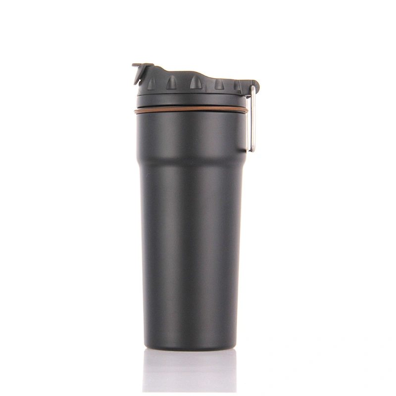 Double wall stainless steel vacuum insulated travel thermo mug, lid with s/s handle