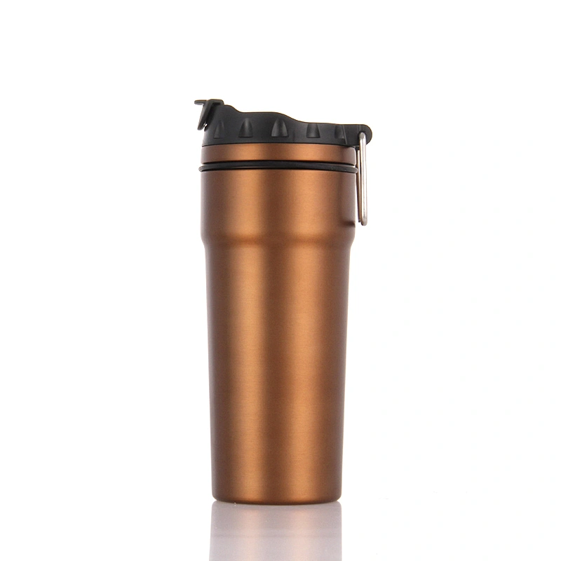 Double wall stainless steel vacuum insulated travel thermo mug, lid with s/s handle