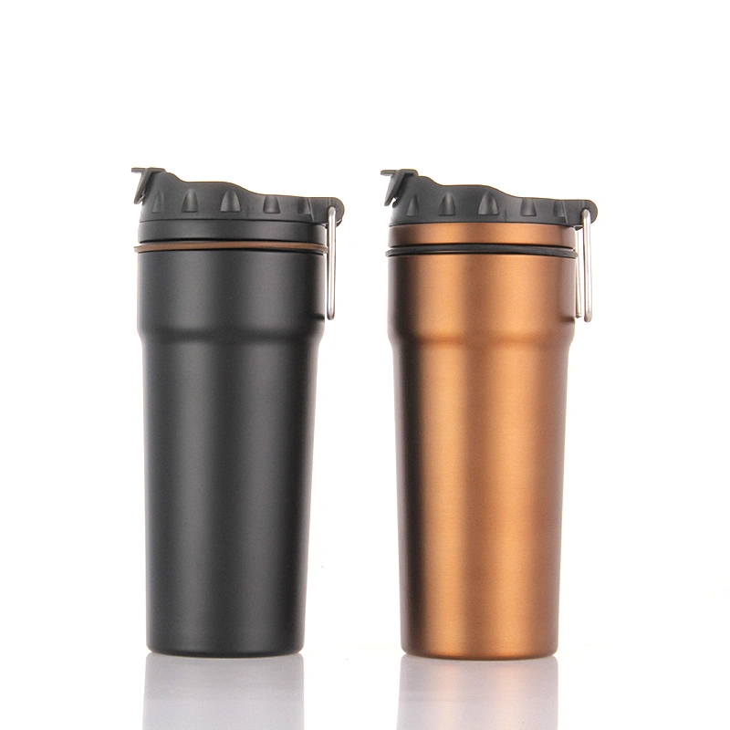 Double wall stainless steel vacuum insulated travel thermo mug, lid with s/s handle