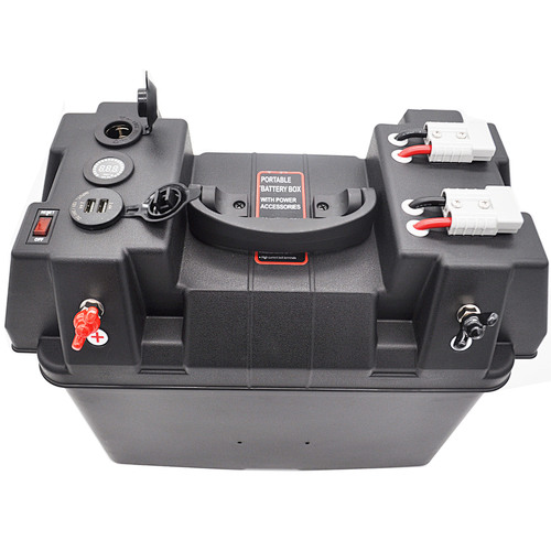 SUNFINE 12v heavy duty portable battery box with power outlet and usb charger for most 100A batteries