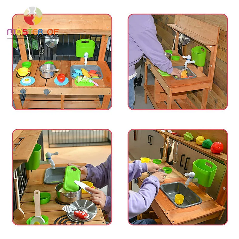 Cheap pretend outdoor toys kitchen wooden mud kitchen play set for kids W10C779