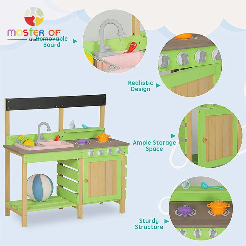 Children pretend play mud kitchen wooden toy kitchen set for for outdoor play W10C780