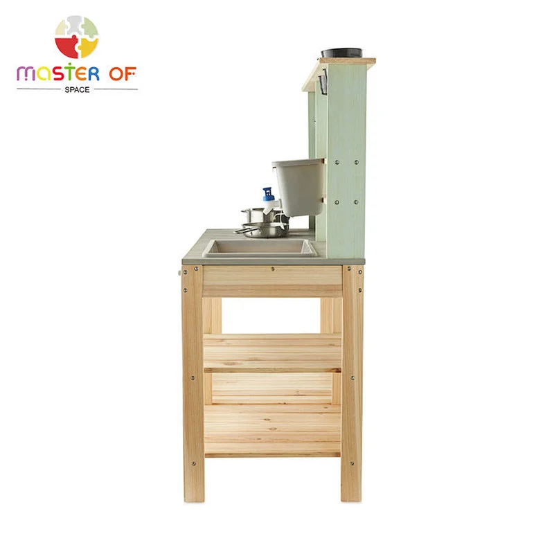 Kids outdoor play running water wooden mud kitchen with accessory W10C771