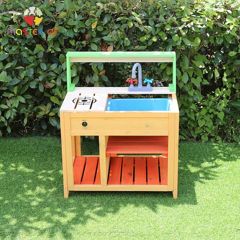 Cheap durable wood outdoor mud kitchen play set with sink W10C774