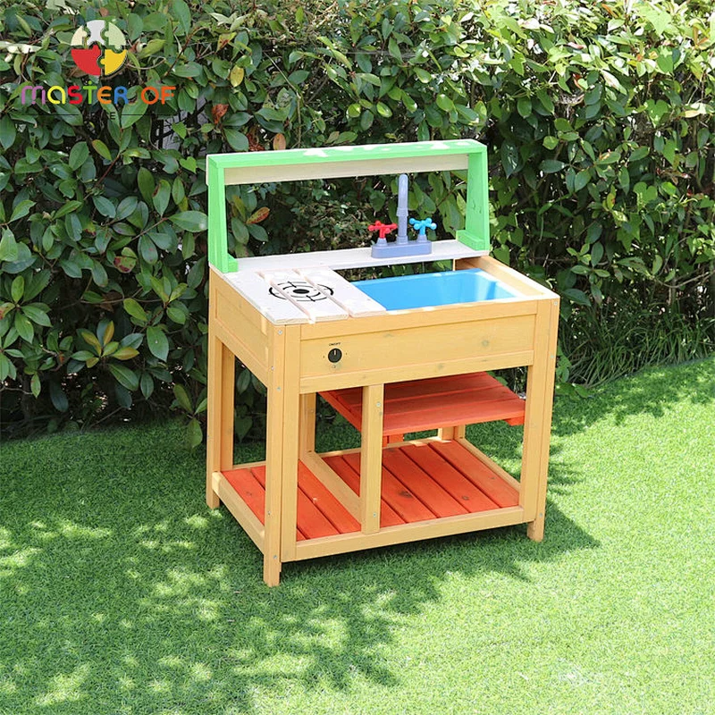 Cheap durable wood outdoor mud kitchen play set with sink W10C774